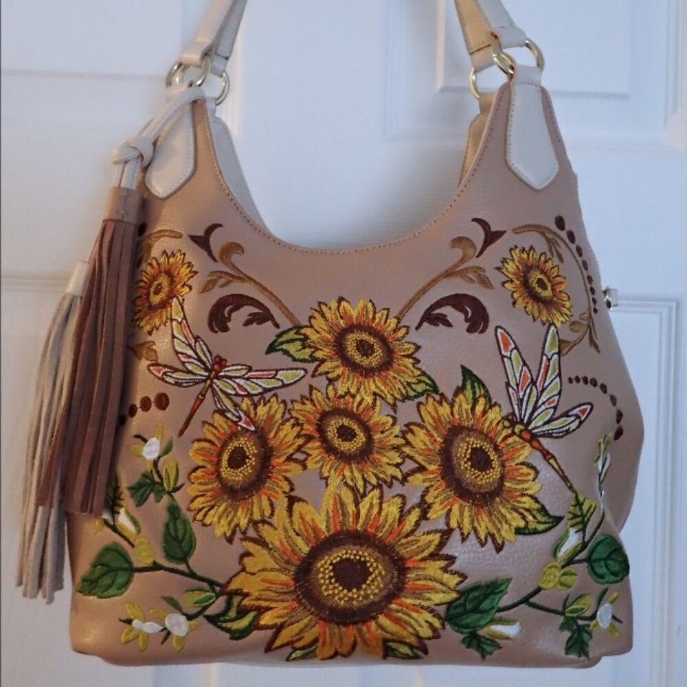 Shariff 1827 Designer Leather & Sunflower Embroidered Shoulder Bag